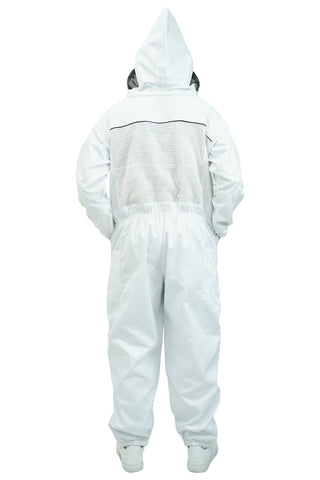 Poly cotton semi ventilated beekeeping suit back view with the veil hood folded up at the back