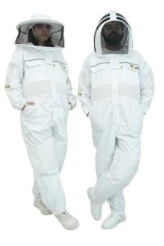 Poly cotton semi ventilated beekeeping suit shown on two models wearing the fencing veil and the round hat veil