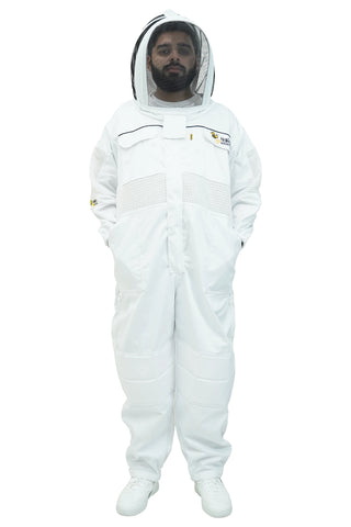 Poly cotton semi ventilated beekeeping suit front view with the round hat veil