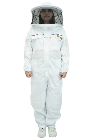 Poly cotton semi ventilated beekeeping suit front view with the round hat veil