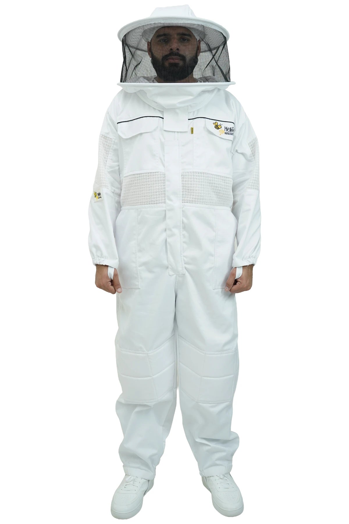 Poly cotton semi ventilated beekeeping suit front view with the round hat veil