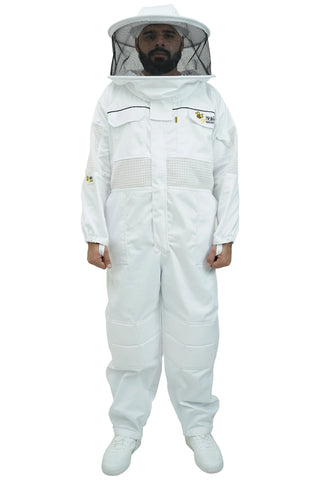 Poly cotton semi ventilated beekeeping suit front view with the round hat veil