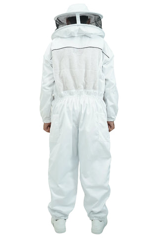Poly cotton semi ventilated beekeeping suit back view with the round hat veil