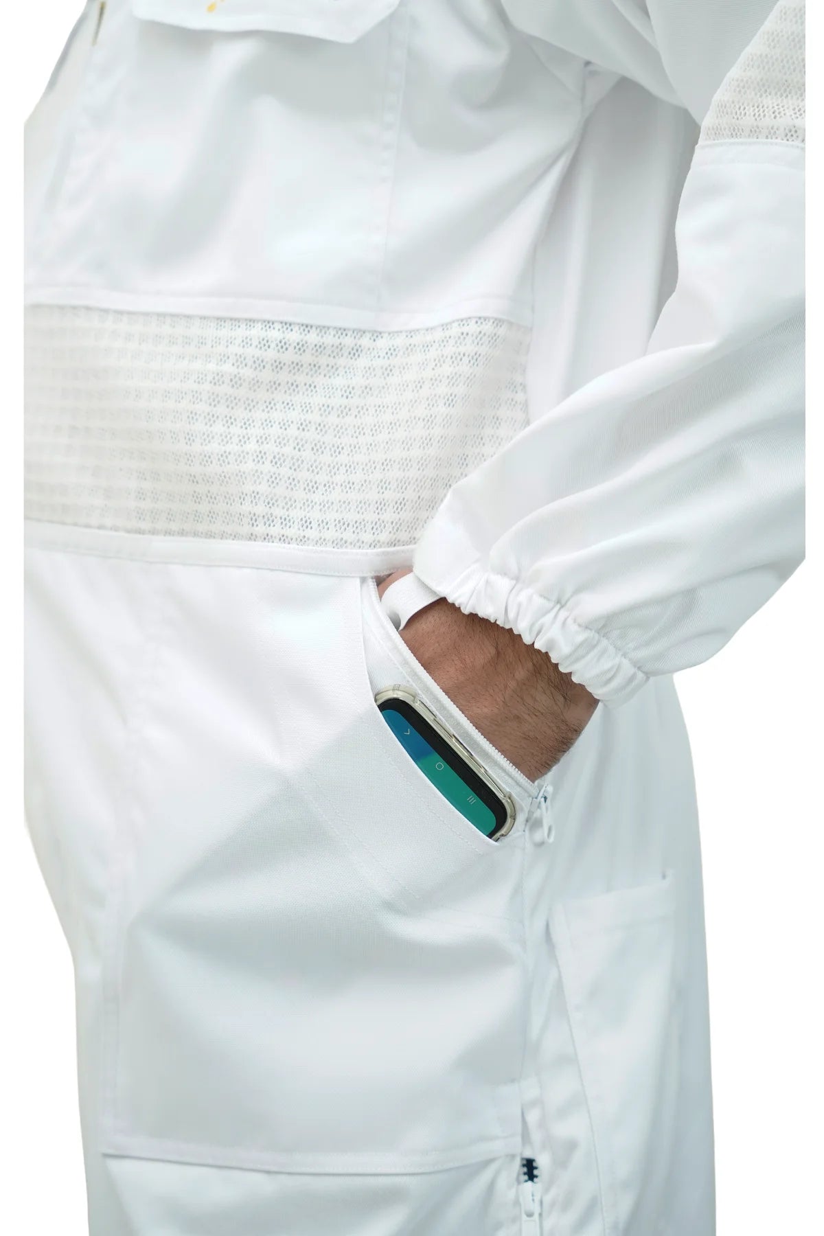 Close-up of the side pocket and mesh ventilation panel on the poly cotton semi ventilated beekeeping suit