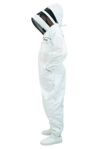 Poly cotton semi ventilated beekeeping suit side view with the veil folded down