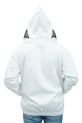 Back view of white poly-cotton beekeeping jacket with fencing veil