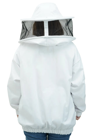 Back view of female beekeeper in white poly-cotton beekeeping jacket with round hat veil