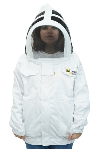 Female beekeeper wearing white poly-cotton beekeeping jacket with fencing veil and front pockets 
