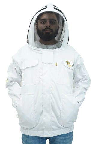 Male beekeeper in white poly-cotton beekeeping jacket with fencing veil showing multiple front pockets