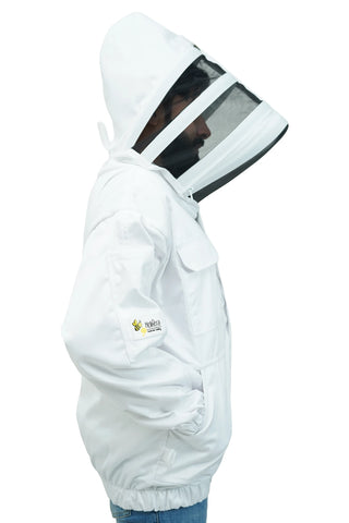  Side view of male beekeeper wearing white poly-cotton beekeeping jacket with fencing veil