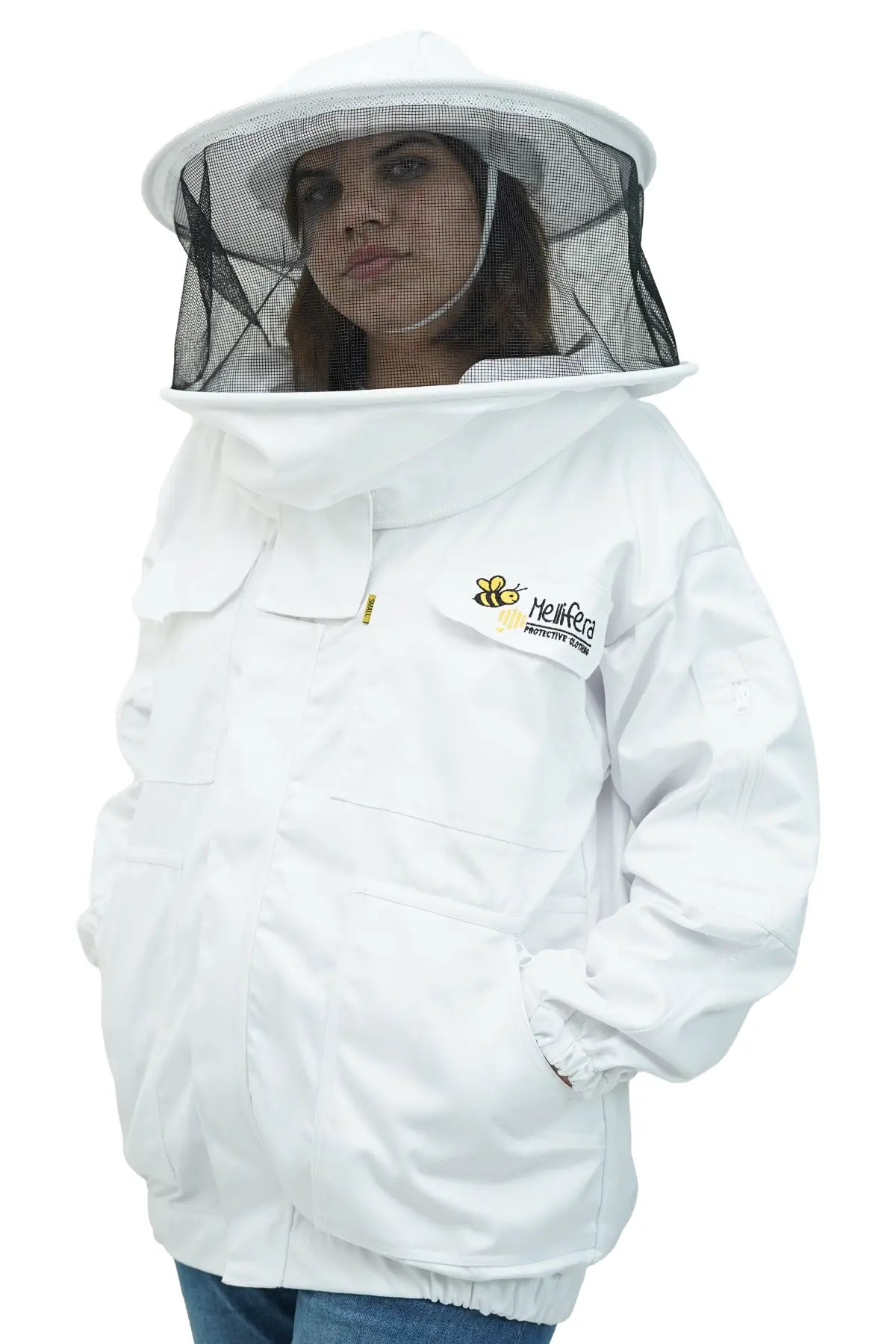  Female model in white beekeeping jacket with round hat veil front view