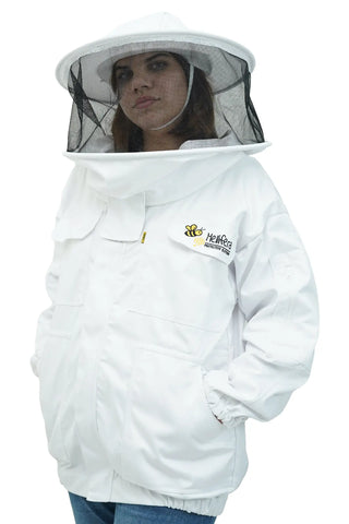  Female model in white beekeeping jacket with round hat veil front view