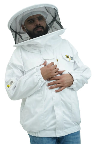 Male beekeeper in white poly-cotton beekeeping jacket with round hat veil showing front zipper closure