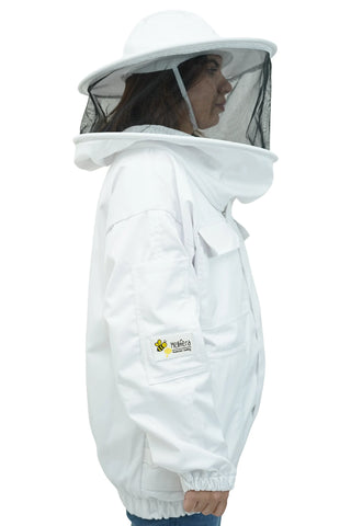 Side view of female beekeeper in white poly-cotton jacket with round hat veil 