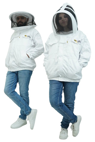 White poly-cotton beekeeping jacket with round hat and fencing veil worn by male and female models
